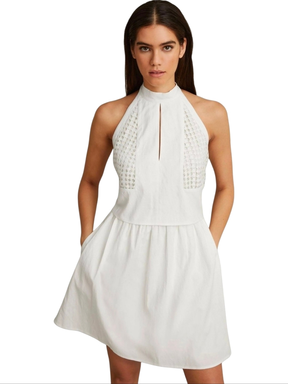 Reiss Eden Broderie Halter Neck Mini Dress Linen Cotton Blend White Size 6